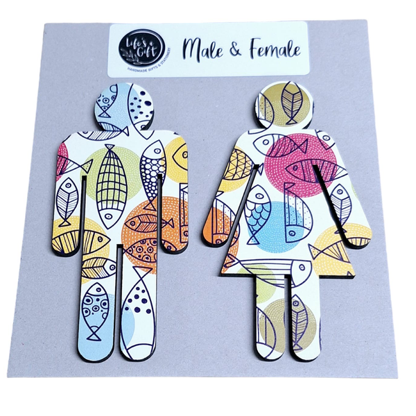Male &amp; Female Bathroom Wall Art - Hand-Drawn Fish with Colourful Circles