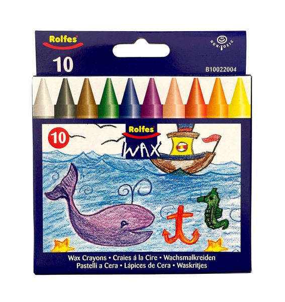 Rolfes Large Wax Crayons 10 Assorted Colours, Bulk Pack of 10