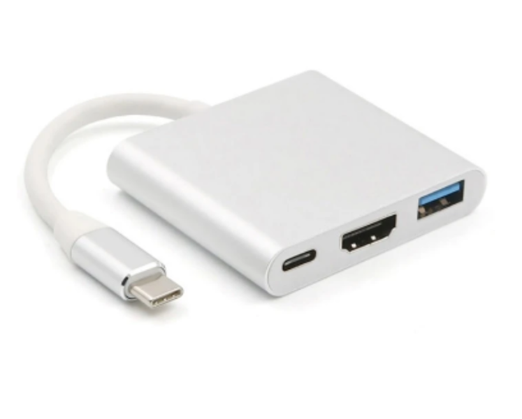 USB 3.1 Type C to USB 3.0 + HDMI + Type C 3 in 1 Charging Adapter - Silver