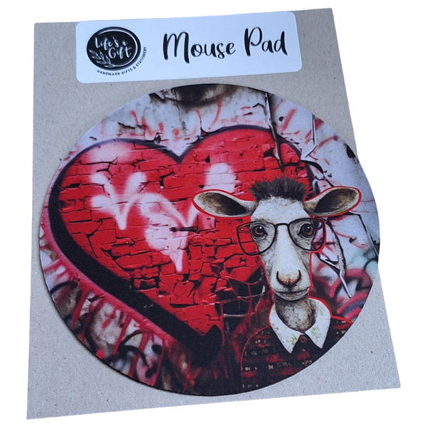 20cm Round Mouse Pad- Red Grafitti Heart with Sheep &amp; Glasses