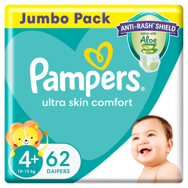 Pampers Anti-Rash Shield Taped Size 4+ (10-15 kg), 62 Nappies