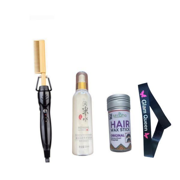 Brazilian Wig Care Hot Comb + Rice Water + Glam Queen &amp; Mmafha Wax Stick Set