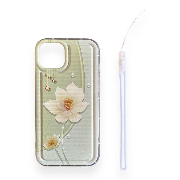 AMA Silicone Green Floral Pattern Cover With Lanyard For iPhone 14 Pro Max