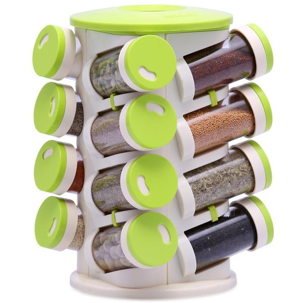 Trueware 16 in 1 Rotating Plastic Spice Rack with Cutlery Holder-Green