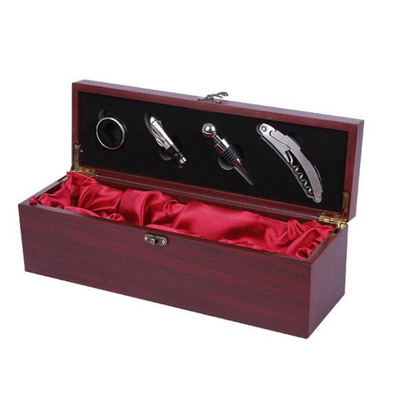Single Bottle Wooden Wine Gift Box with 4 Piece Wine Accessory Set