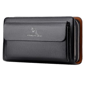 Yueskangaroo Men Clutch Bag Fashion Long Purse Double Zipper Black