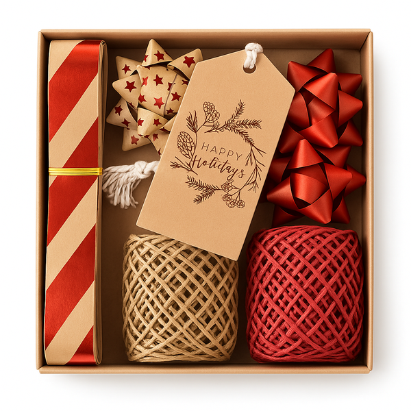 Eco-Friendly Gift Wrapping Set - Paper Ribbon, Twine, Bows &amp; Kraft Gift Tag