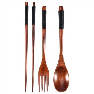 Wooden Flatware Set, Chopsticks Spoon Fork with Black Twining Thread