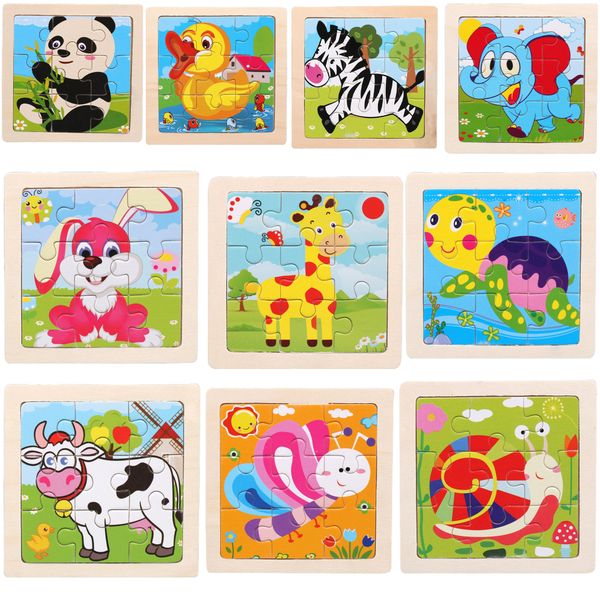 10 Pieces Kids Wooden Puzzle Cartoon Animal plant Educational Jigsaw Toys