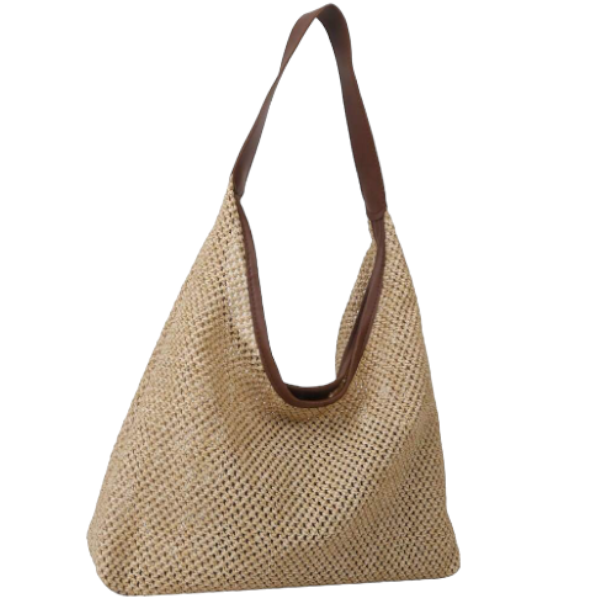 Large Capacity Vacation Straw Bag With Inner Pouch- Coffee Brown