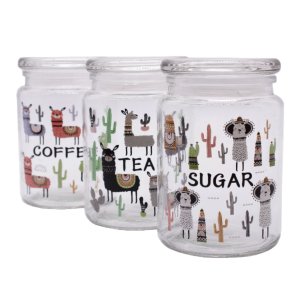 SkyDeals Glass Cannisters Set with Lamas - 680ml (Coffee, Sugar, Tea)