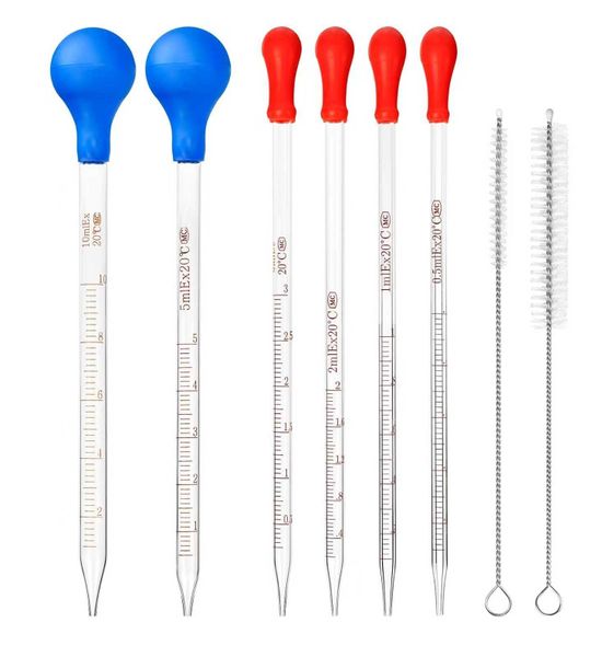 6 Piece Glass Pipettes Graduated Dropper10ml 5ml 3ml 2ml 1ml 0.5ml &amp; Brush