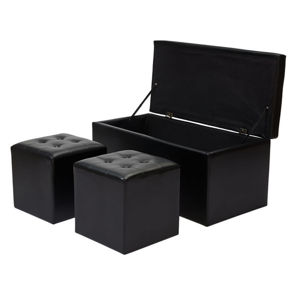 Ottoman Storage Bench Set - 3 Piece Faux Leather Footstools | 120 Litre