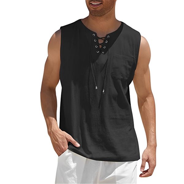 Men's Beach Sleeveless Shirts Tank Top Lace Up Cotton Linen Racer Vest