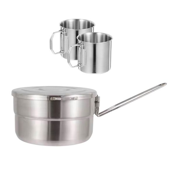 1.5L Stainless Steel Camping Pot with Lid &amp; 2 Cups