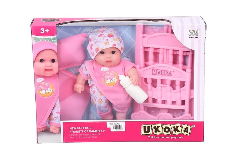 UKOKA Baby Doll Playset with Pink Cradle, Feeding Bottle and Pillow