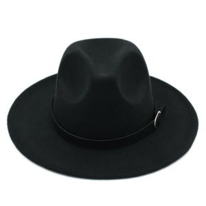 Wide Brim Panama Fedora Hat With Belt Buckle-Black
