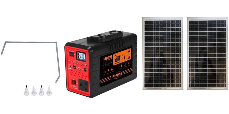 SUN 300W 220V Solar Inverter With 12V Light Bulbs &amp; 2 Solar Panels, Stand