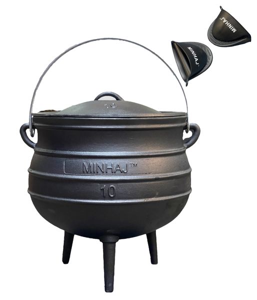 Minhaj - Cast Iron Potjie Pot Size 10 with 2 Silicone Gloves