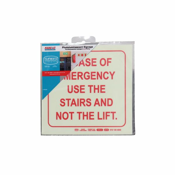 Parrot Products Photoluminescent Safety Sign - E15: Use Stairs Not Lift