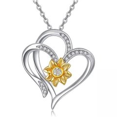Sunflower Necklace for Women Double Heart Pendant Sunshine Silver Gift