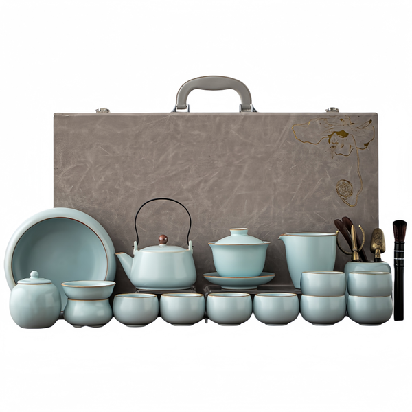 Ru Kiln Sky Blue Gongfu Tea Set with Teapot, Cups &amp; Tea Tray