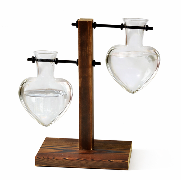 QYNIAL Heart-Shaped Glass Plant Terrarium With Wooden Stand For Home Decor