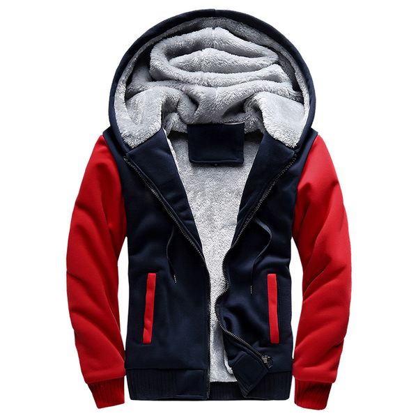 Men's Hooded Winter Jacket - Navy Blue and Red