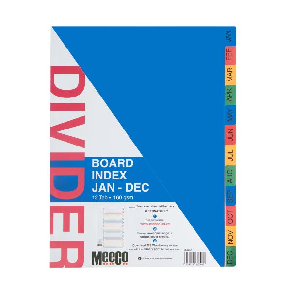 Meeco A4 12 Tab (Jan-Dec) Bright Multi Colour Board Dividers