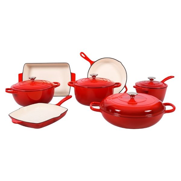 7-Piece Enameled Cast Iron Cookware Set - Red