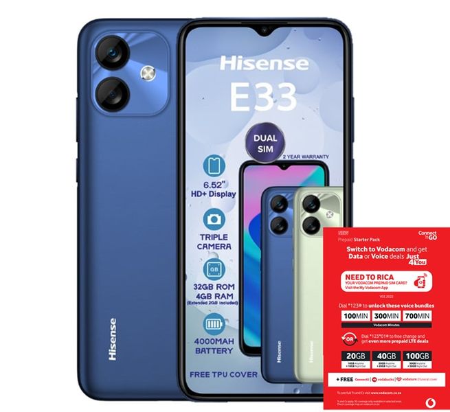 Hisense E33 32GB LTE Dual Sim - Blue + Vodacom Sim Card Pack