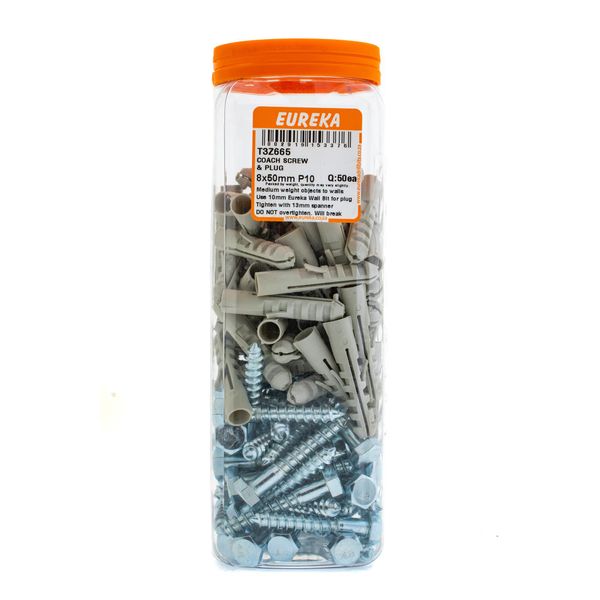 EUREKA Coach Screw &amp; Plug 8 x 50mm Plug 10mm Q:50ea T3Z665