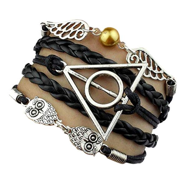 Harry Potter Woven Bracelet- Deathly Hallows, Snitch, Hedwig - Black Silver