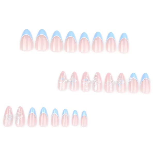 Blue And Pink Floral French Manicure Paired With Pearl False Nails