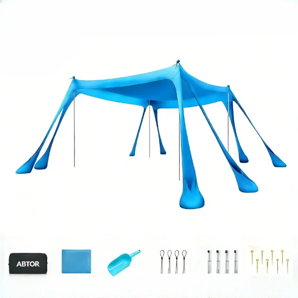 ABTOR Sky Blue Beach Tent - 10x10ft Sun Shade with Sand Shovel &amp; Poles