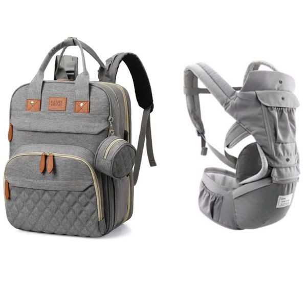 Travel Nursing Mommy Diaper Bag Backpack With Baby Carrier Hip Seat - Grey