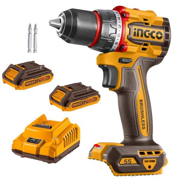 Ingco - Cordless Brushless Drill with 2x 2.0Ah Battery &amp; Charger