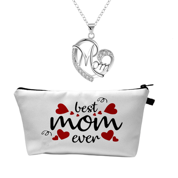 Mother's Day Gift Toiletry Bag and Necklace - Best Mum Ever-Heart