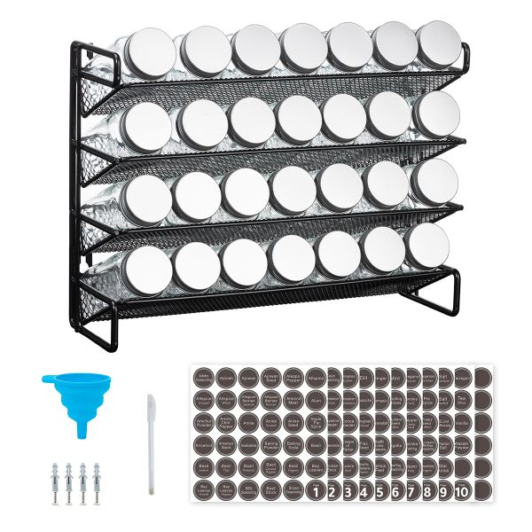 Kitchen 4 Tier Spice Rack Set - 28 Spice Bottles w/ Stickers