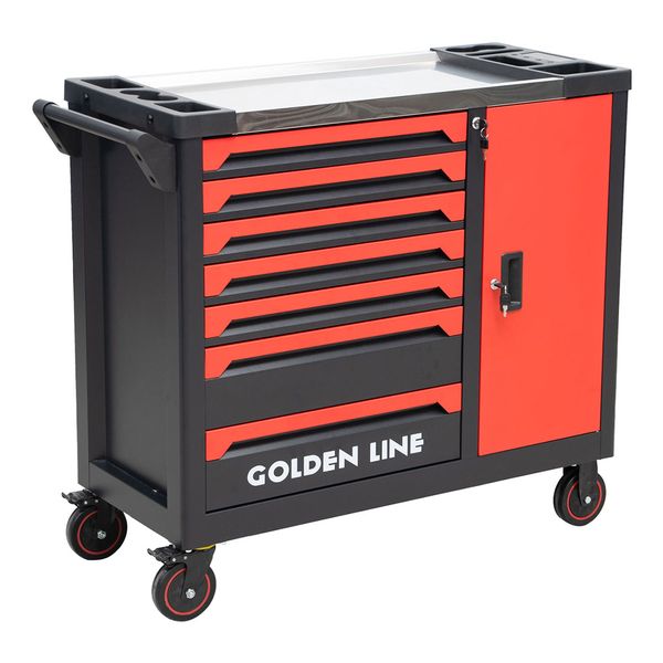 Goldenline 7 Drawer Heavy-Duty Toolbox Trolley with Cabinet &amp; Top Tray