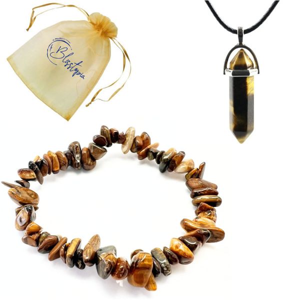 Blisstopia Tiger Eye Bracelet &amp; Tiger Eye Pendant in Organza Bag-Protection