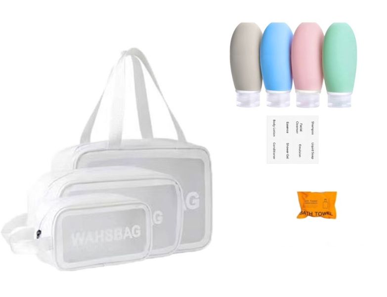 3 Pieces Cosmetic Wash Bag (White) &amp; Mini Travel Bottles &amp; Travel Towel