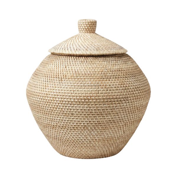 Ivory Woven Basket Storage Lidded Rattan Vessel Decor 40cm | YLT