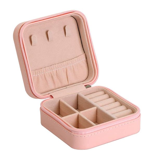 Portable PU Leather Jewelry Case Earrings Rings Necklace Organizer - Pink