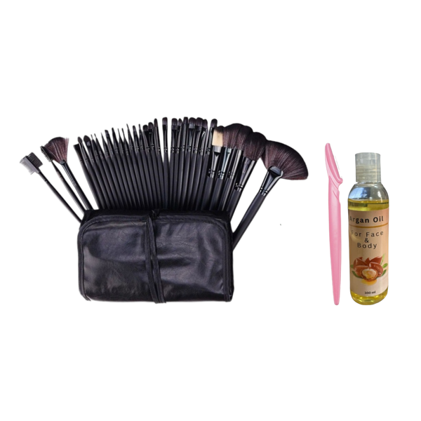 32 Piece Cosmetic Makeup Brush Set With Pouch-Black,Eyebrow Razor&amp;Argan Oil