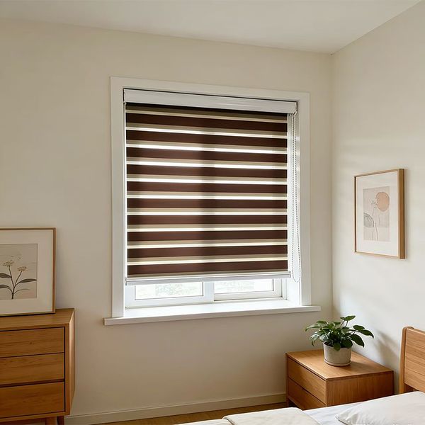 Modern Waterproof Zebra Dual-Layer Roller Blinds- Coffee/Transparent