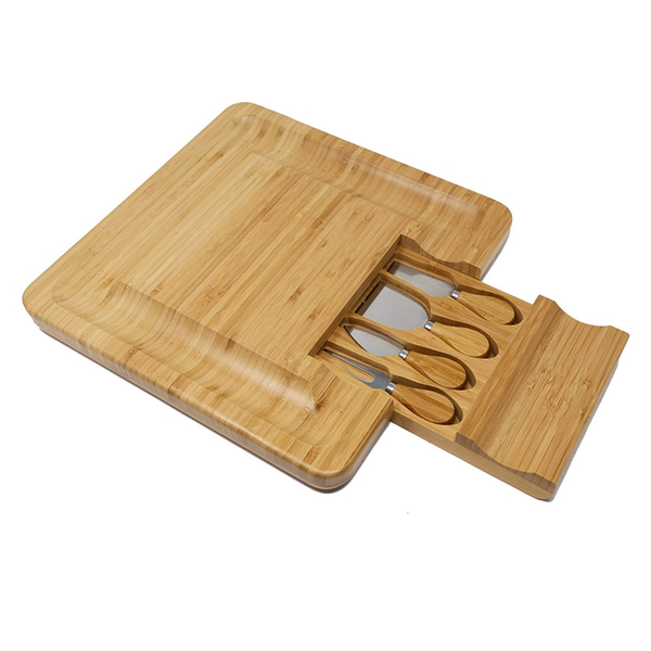 Pruchef - Bamboo Cheese Board Platter and 4 Stainless Steel Cheese Knives