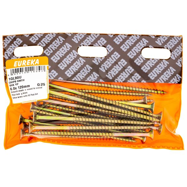 EUREKA Chipboard Screws Smooth Shank Yellow Zinc 6 x 120mm Q:25 1GL90U