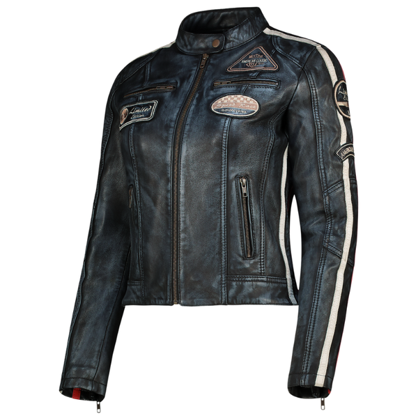 Nexo Ladies Café Racer Leather Jacket - Denim Wax
