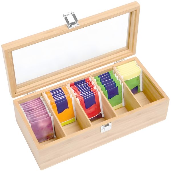 Bamboo Tea Bag Storage Box with Lock 5 Compartments Tea Organizer Tea Chest